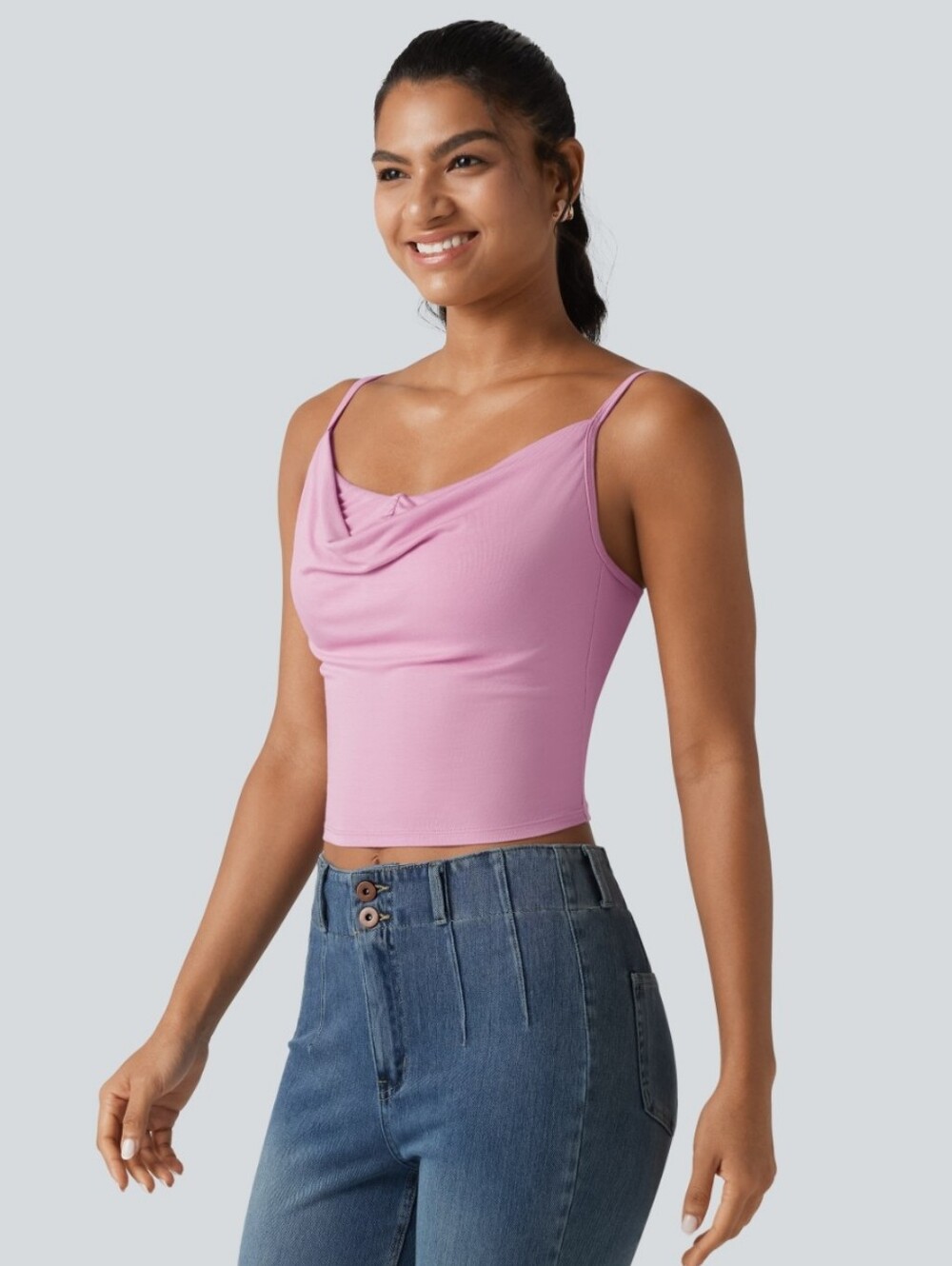 Women’s PinkRibbed Knit Cowl Neck Adjustable Straps Built-in Bra Casual Tank Top